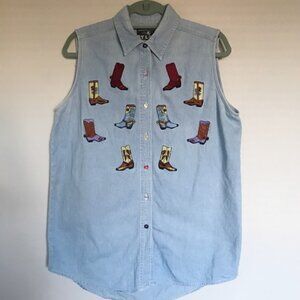 VINTAGE At Last slvls LIGHT BLUE DENIM cotton Shirt EMBROIDERED COWBOY BOOTS * M